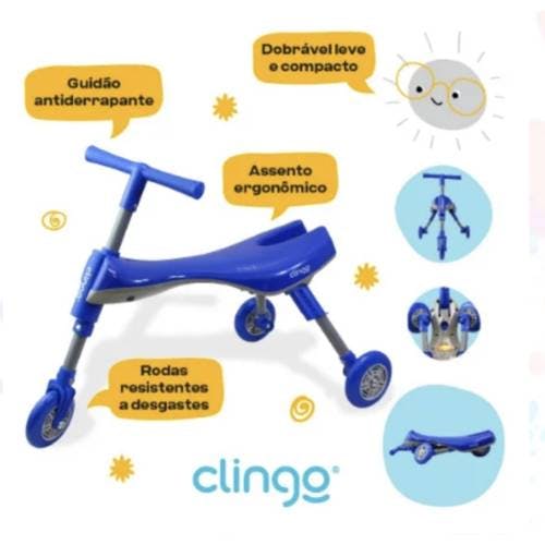 1 Triciclo Infantil dobrável azul/cinza,  12 meses + , CLINGO
